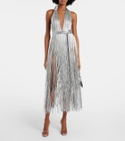Area Fringed metallic-effect jersey gown