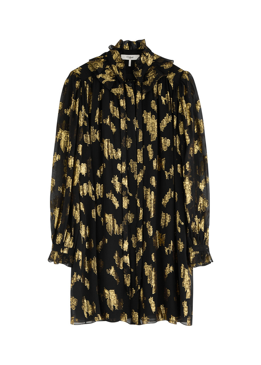 Chloe Metallic Floral-jacquard Silk-blend Mini Dress Black