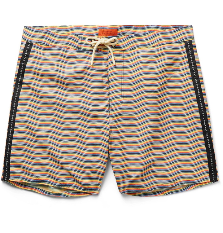 Photo: Saturdays NYC - Mid-Length Logo-Appliquéd Striped Swim Shorts - Multi