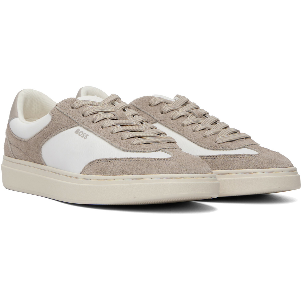 BOSS White & Taupe Suede Trims Lace-Up Sneakers