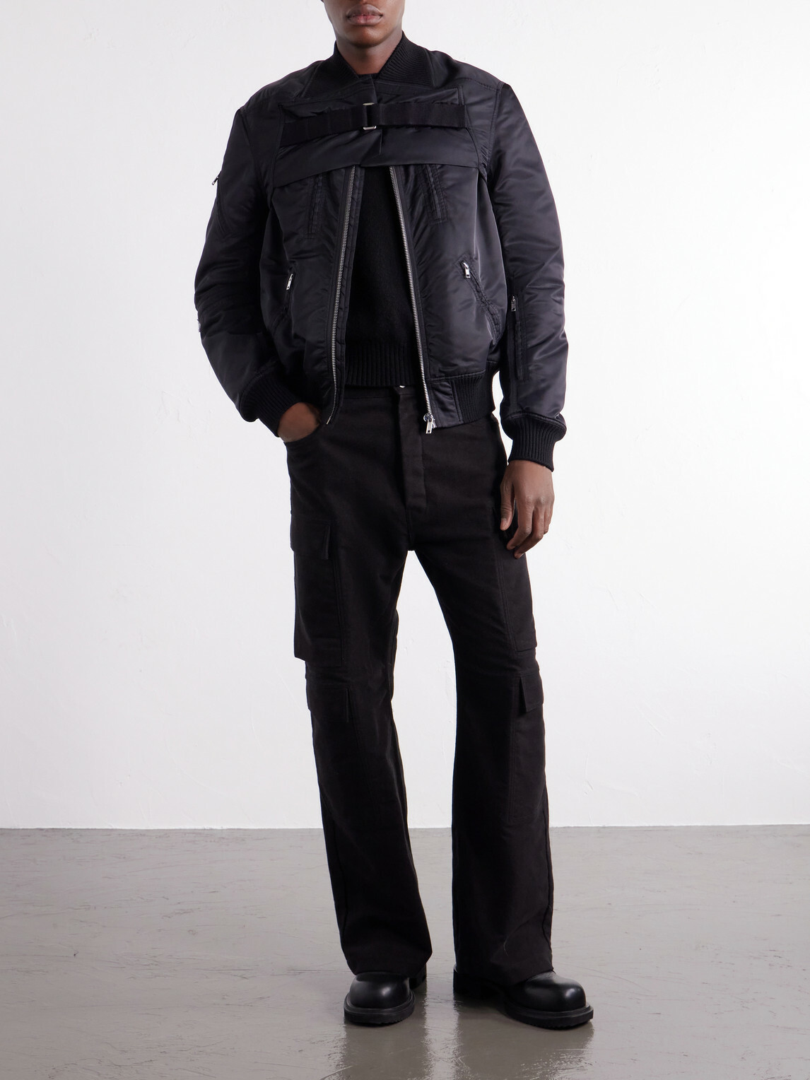 Rick Owens - Two-Piece Buckled Rib-Trimmed Satin Bomber Jacket - Black