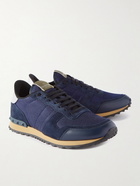 Valentino - Valentino Garavani Rockrunner Leather-Trimmed Suede and Mesh Sneakers - Blue