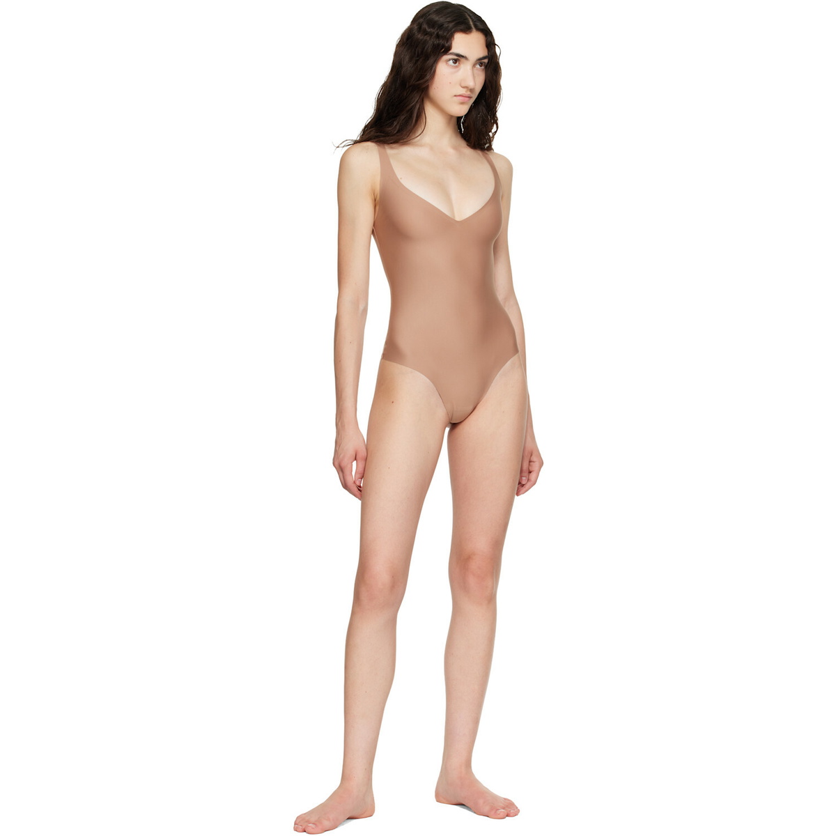 SKIMS Beige SKIMS Body Unlined Plunge Thong Bodysuit