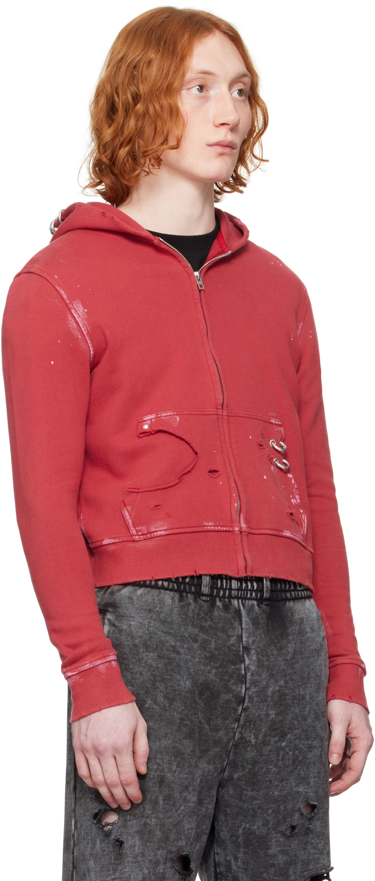 We11done Red Pierced Zip-Up Hoodie We11done