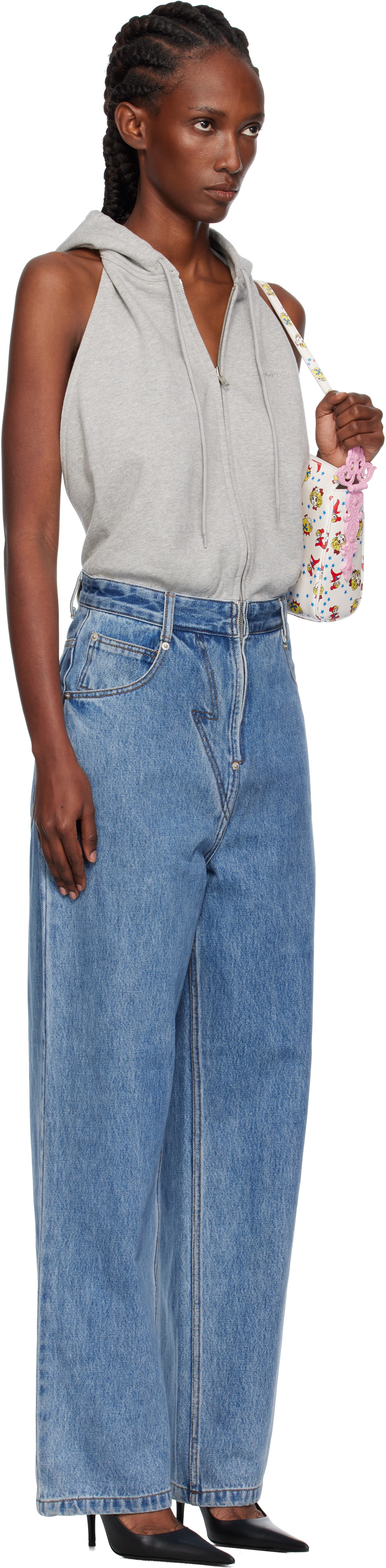 Pushbutton Gray & Blue Halter Hoodie Denim Jumpsuit