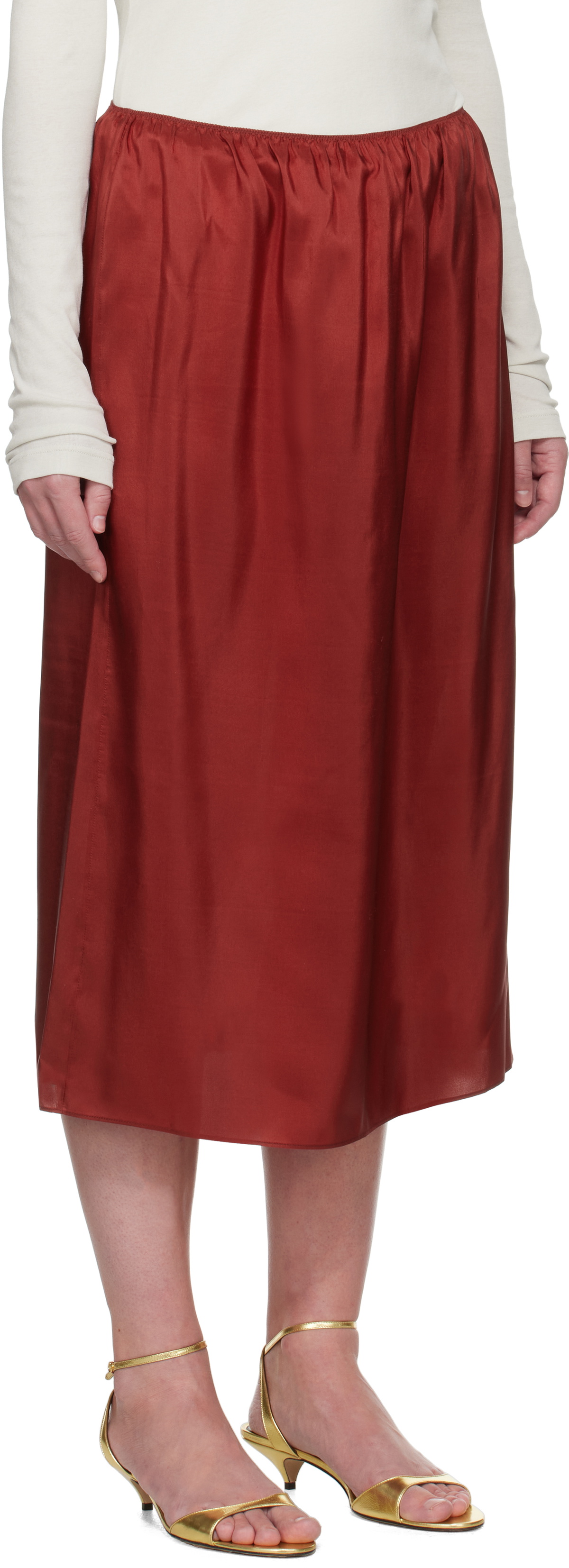 Carven Red Pull-On Silk Toile Midi Skirt