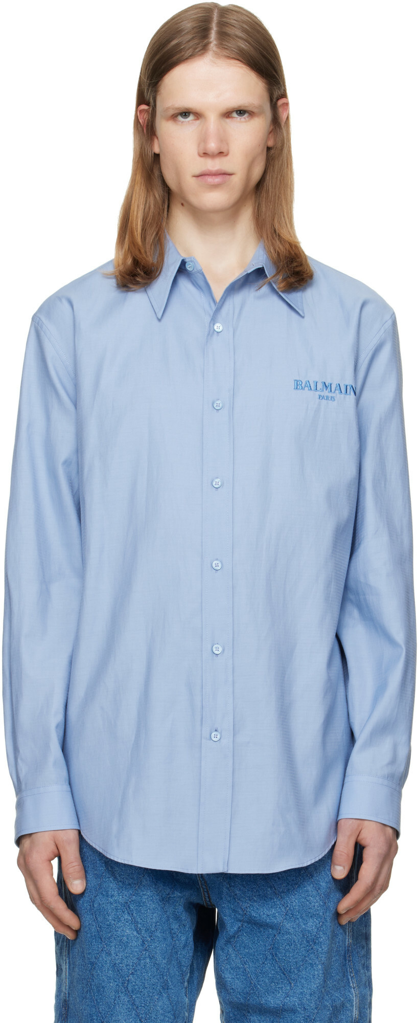BALMAIN Blue Herringbone Poplin Regular Shirt