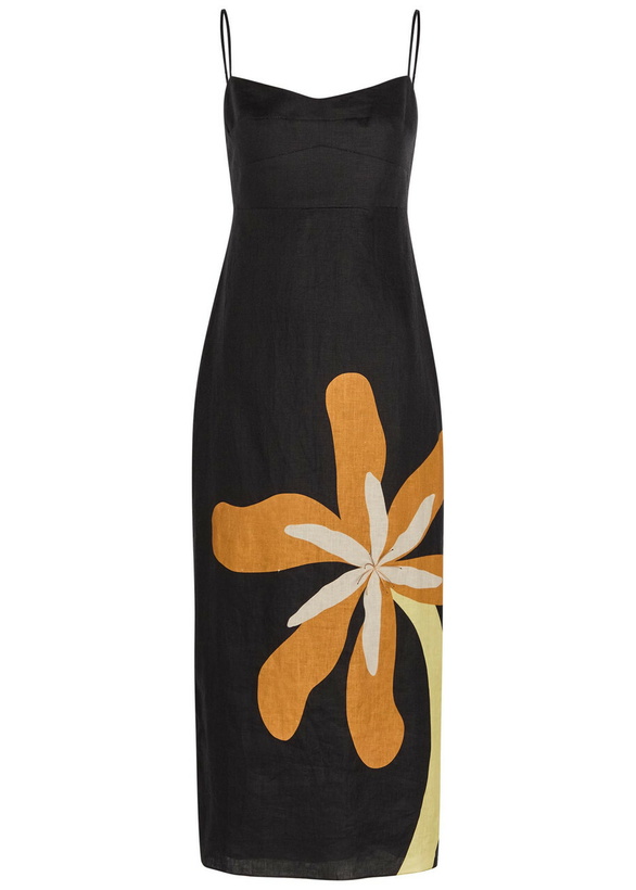 Photo: Cala DE LA Cruz Paloma Floral-print Linen Midi Dress Black