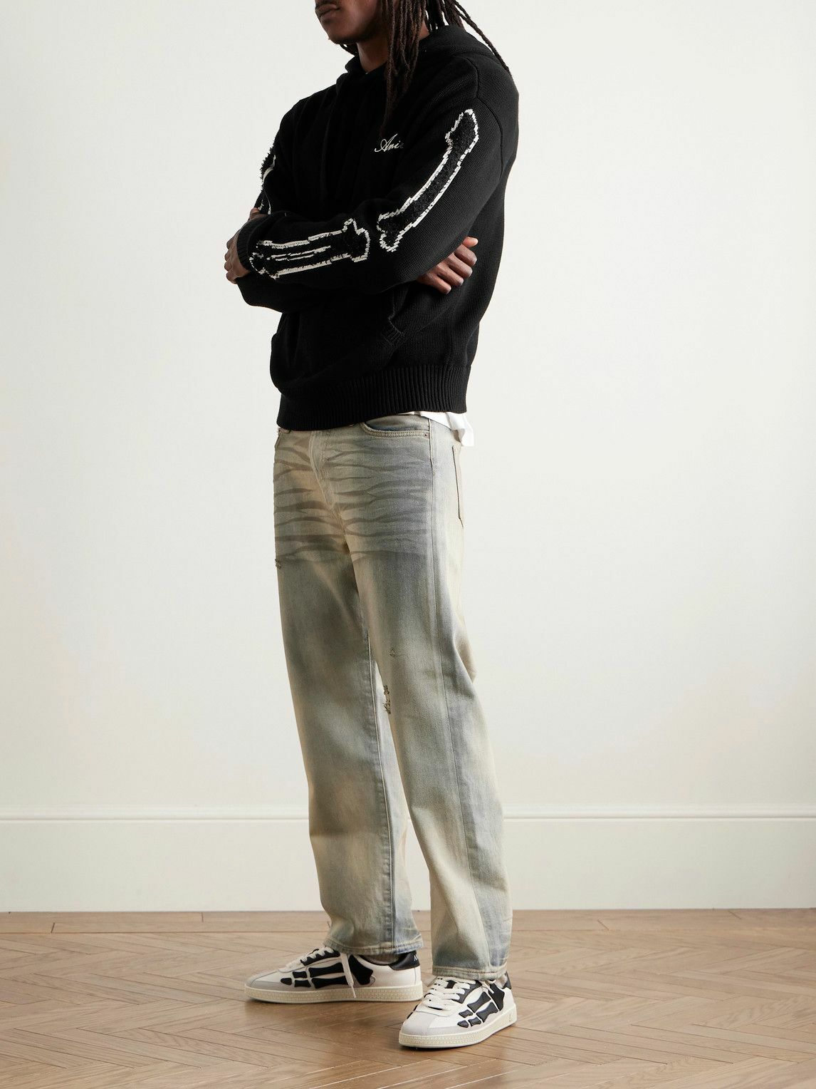 AMIRI - Bones Logo-Embroidered Intarsia-Knit Cotton-Blend Hoodie - Black