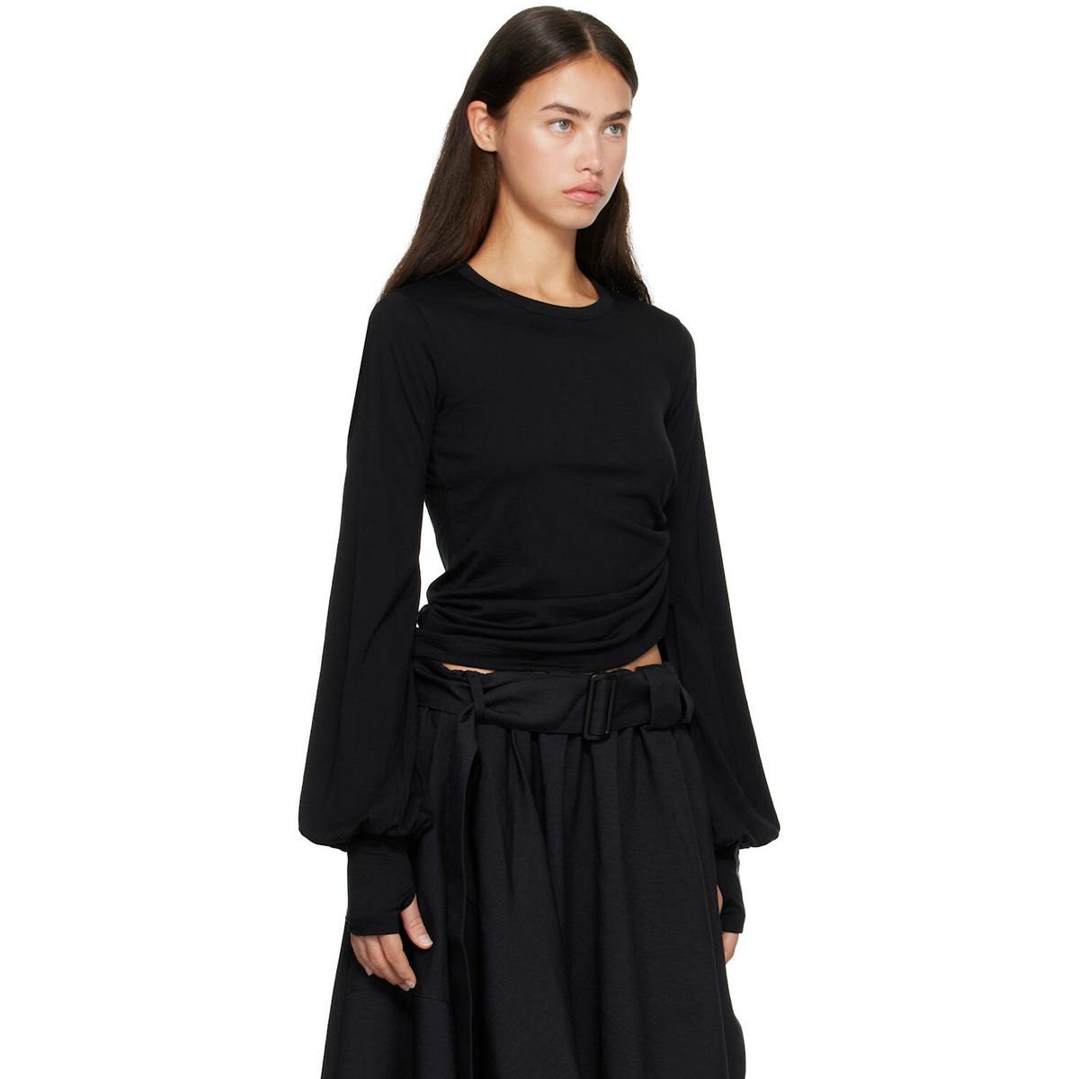 Y-3 Black Wool Cinched Drape Long Sleeve T-shirt