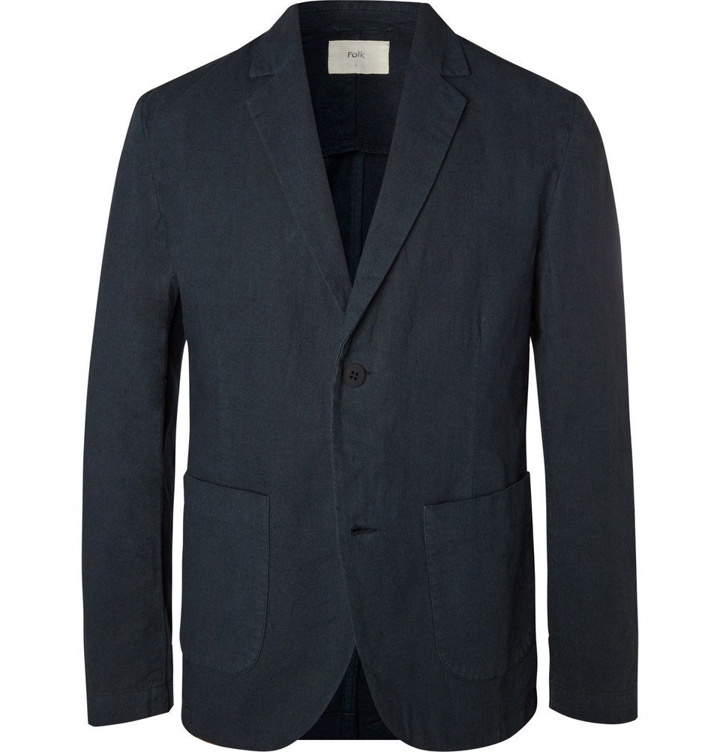 Photo: Folk - Navy Slim-Fit Unstructured Linen and Cotton-Blend Suit Jacket - Navy