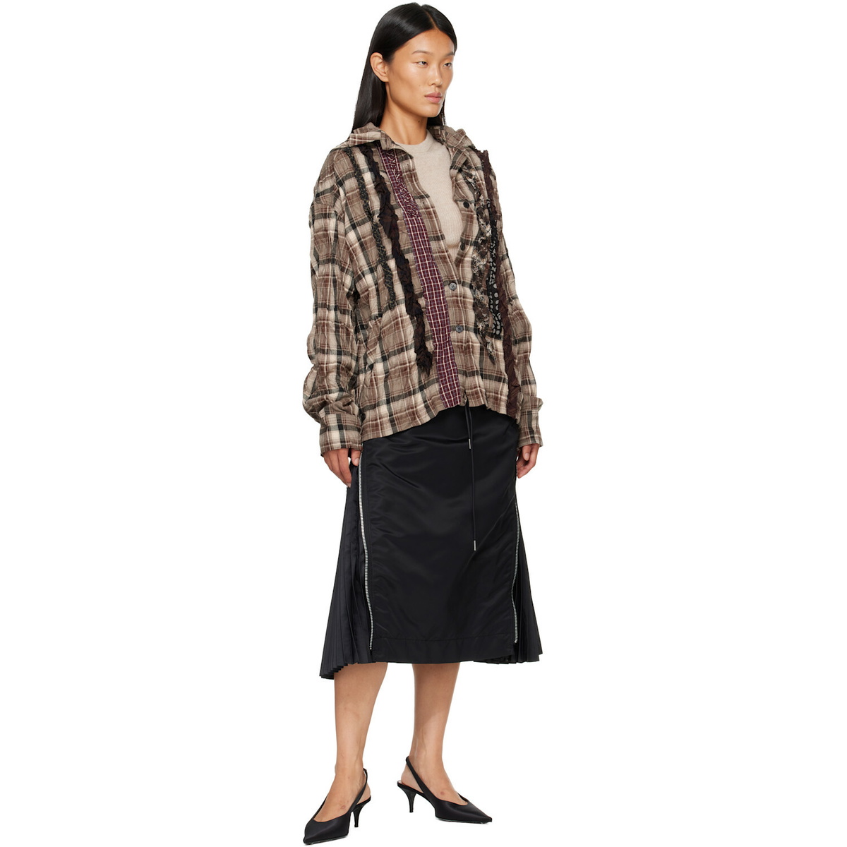 OPEN YY Brown Checkered Crinkle Ruffle Shirt
