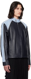 Wales Bonner Navy Marvel Leather Jacket