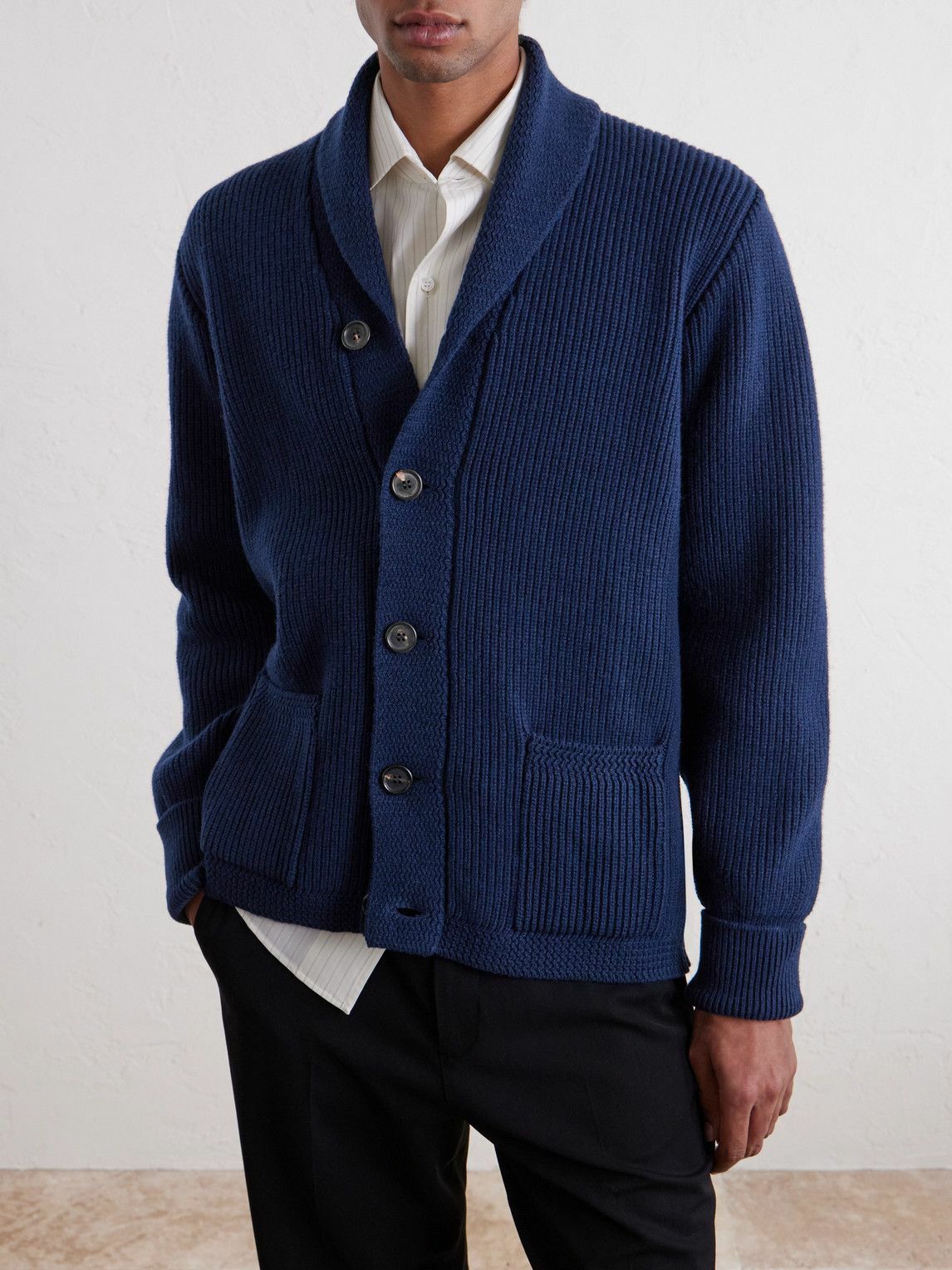 William Lockie - Duncan Shawl-Collar Ribbed Merino Wool and Cashmere-Blend Cardigan - Blue