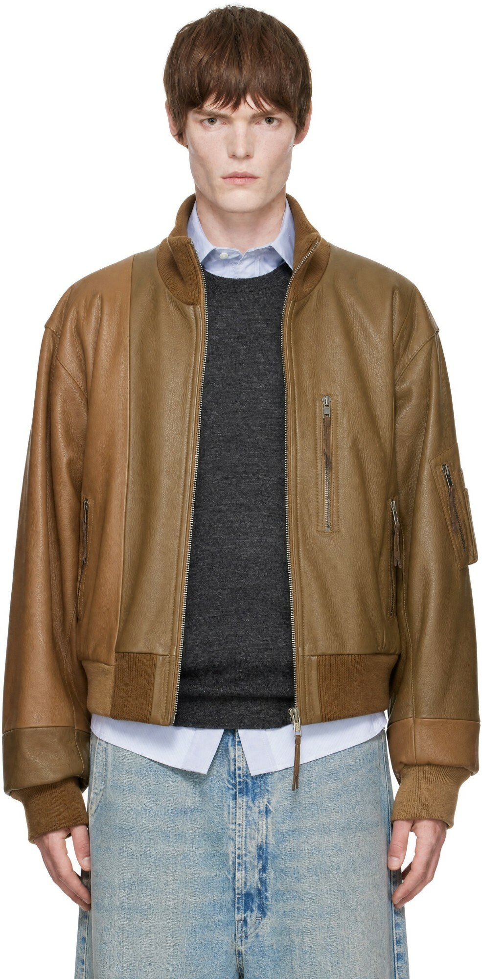 Maison Margiela Tan Spliced Leather Bomber Jacket