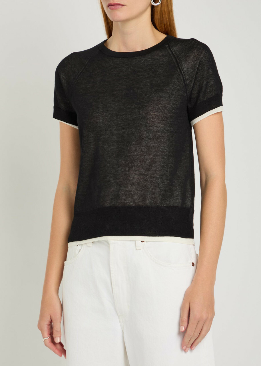 Vince Double-layered Fine-knit Cotton-blend T-shirt Black And White