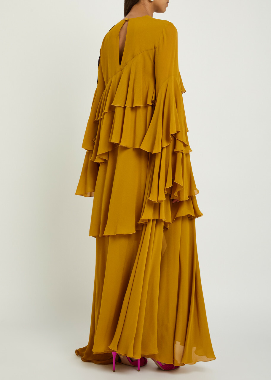 LA Double J Naiad Ruffled Embellished Silk-georgette Maxi Dress Yellow
