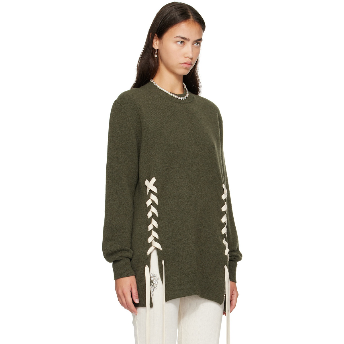 Simone Rocha Khaki Merino Lace Up Hem Jumper