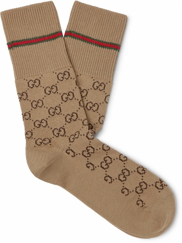 Photo: GUCCI - Logo-Jacquard Cotton-Blend Socks - Brown