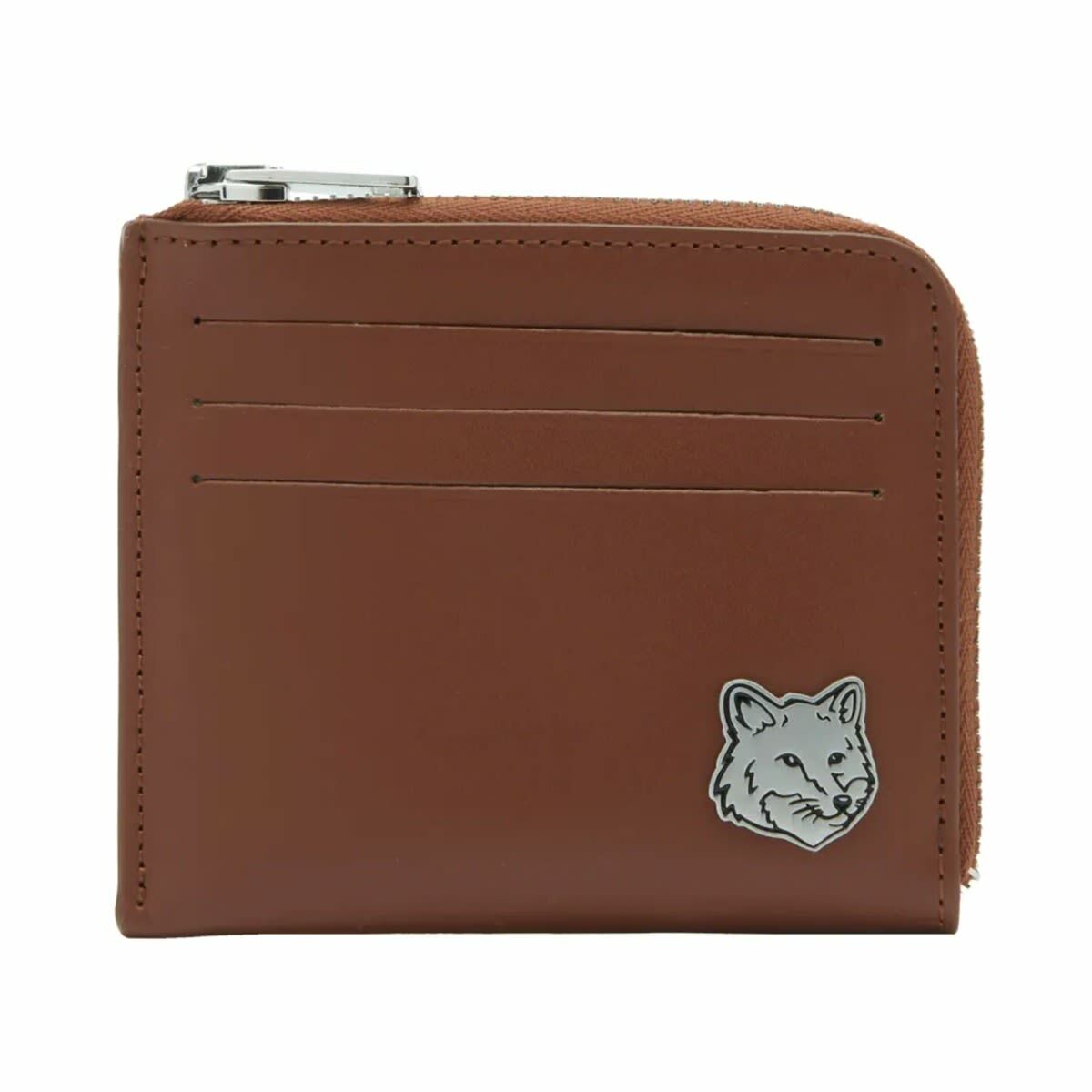 Maison Kitsuné Men's Fox Head Zipped Card Holder in Dark Brown 