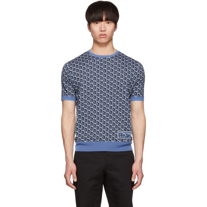 Prada Blue Jacquard Twist Short Sleeve Sweater Prada