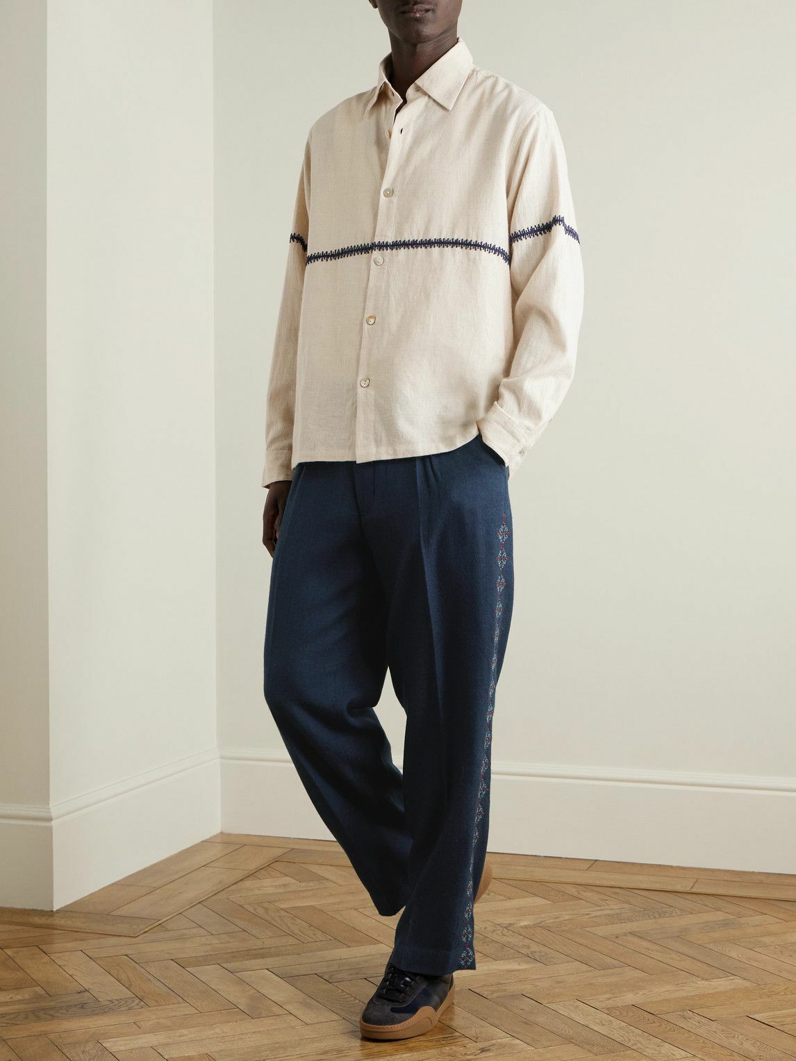 Kartik Research - Pleated Embroidered Wool Straight-Leg Trousers - Blue