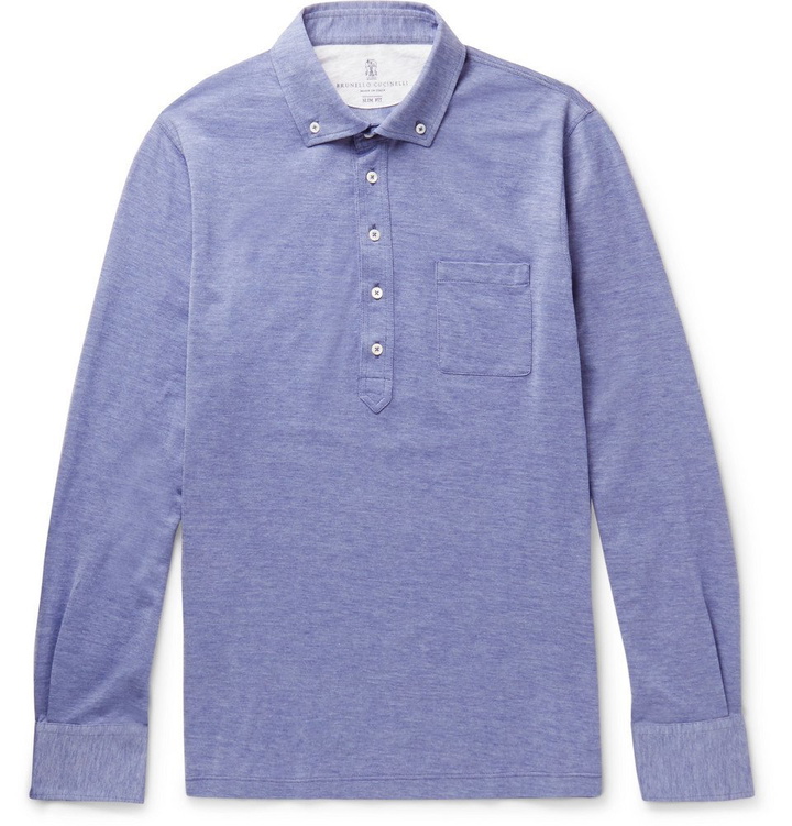 Photo: Brunello Cucinelli - Button-Down Collar Mélange Cotton-Piqué Polo Shirt - Men - Blue