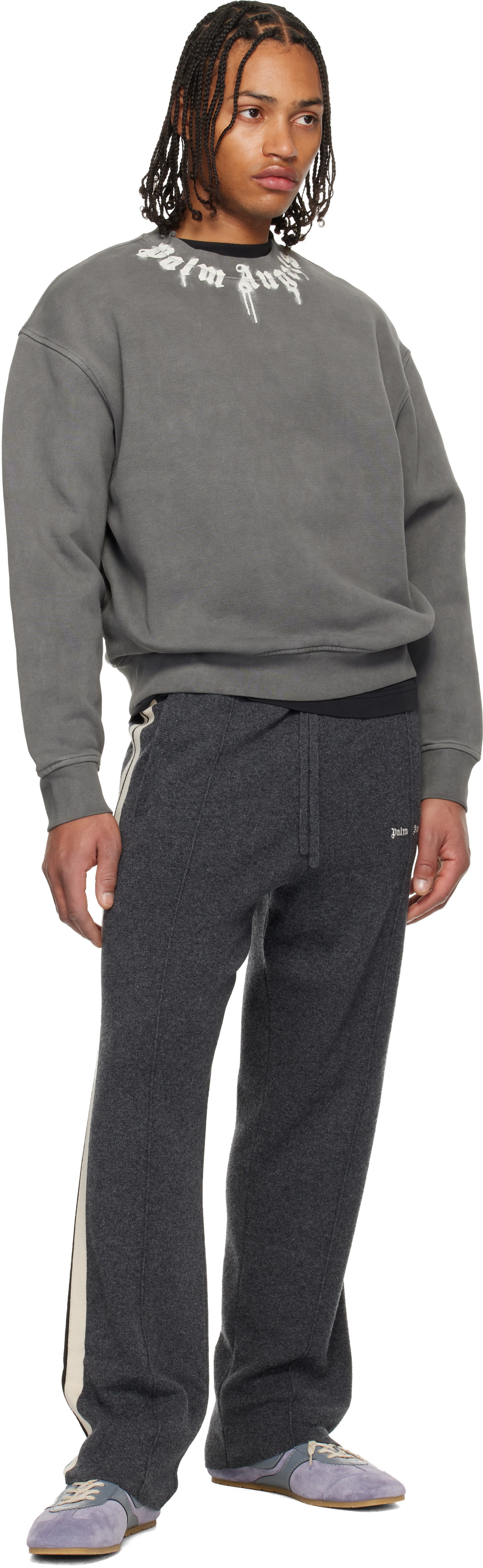 Palm Angels Gray Neck Logo Regular Crewneck Sweatshirt