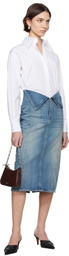 McQueen Blue Fold Over Waist Denim Midi Skirt