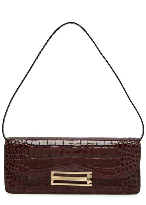 Photo: Victoria Beckham Dorian East-west Crocodile-effect Leather Clutch - Dark Brown - One Size