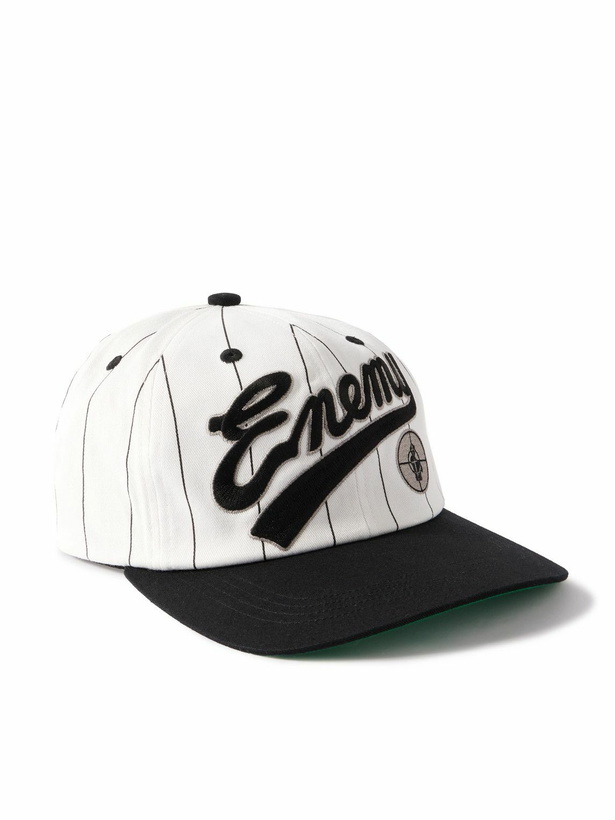 Photo: SAINT Mxxxxxx - Public Enemy Logo-Appliquéd Striped Cotton-Twill Baseball Cap