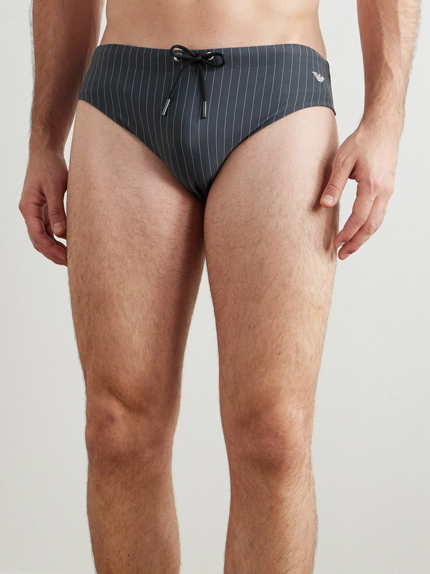 Photo: Our Legacy - Emporio Armani Pyla Logo-Embroidered Pinstriped Swim Briefs - Blue