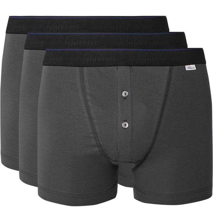 Photo: Schiesser - Ludwig Three-Pack Stretch-Cotton Jersey Boxer Shorts - Gray