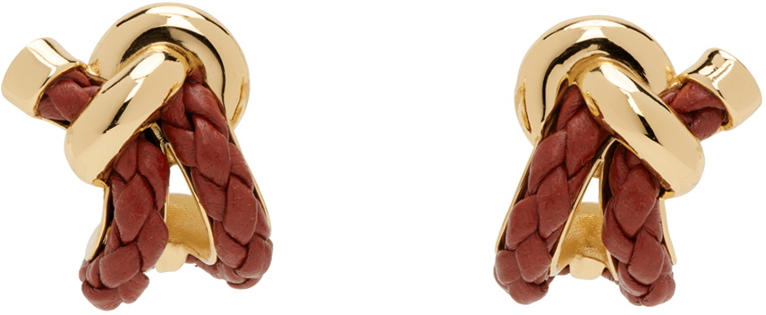 Bottega Veneta Gold & Burgundy Knot Hoop Earrings