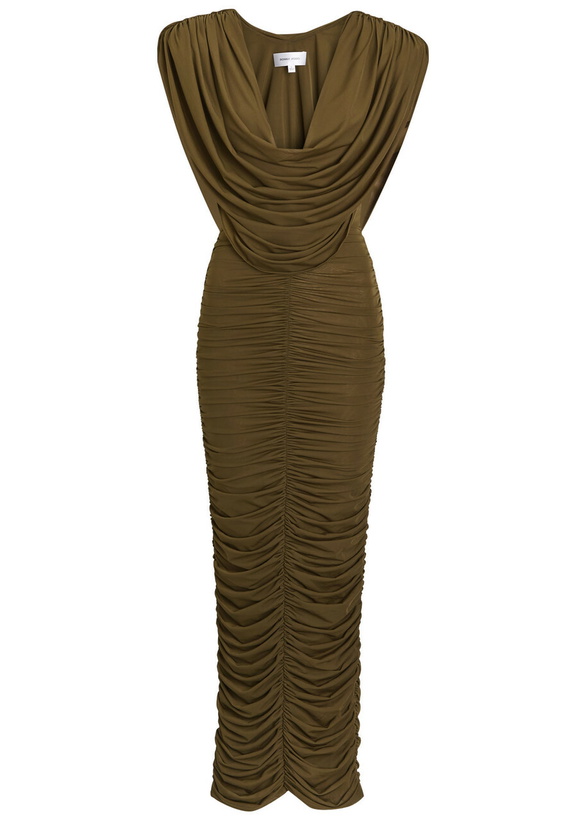 Photo: Ronny Kobo Parish Cowl-neck Ruched Stretch-mesh Midi Dress Green