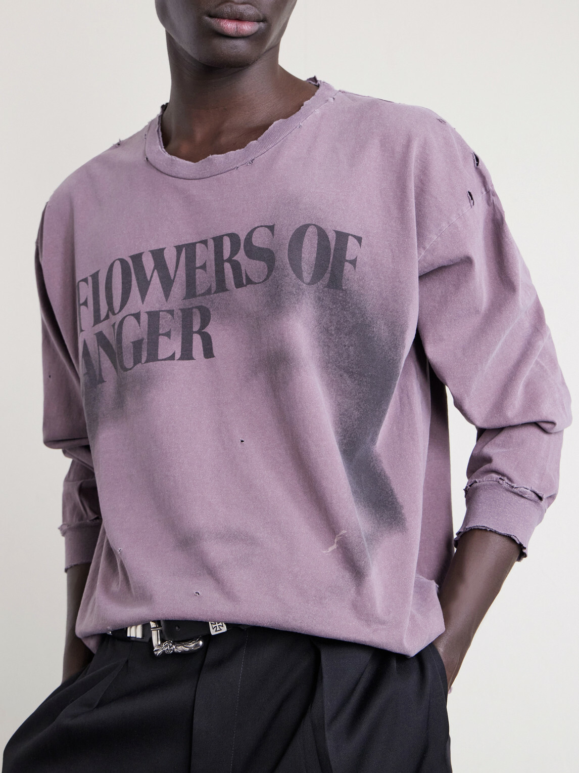 Enfants Riches Déprimés - Flowers of Anger Cropped Printed Distressed Cotton T-Shirt - Purple