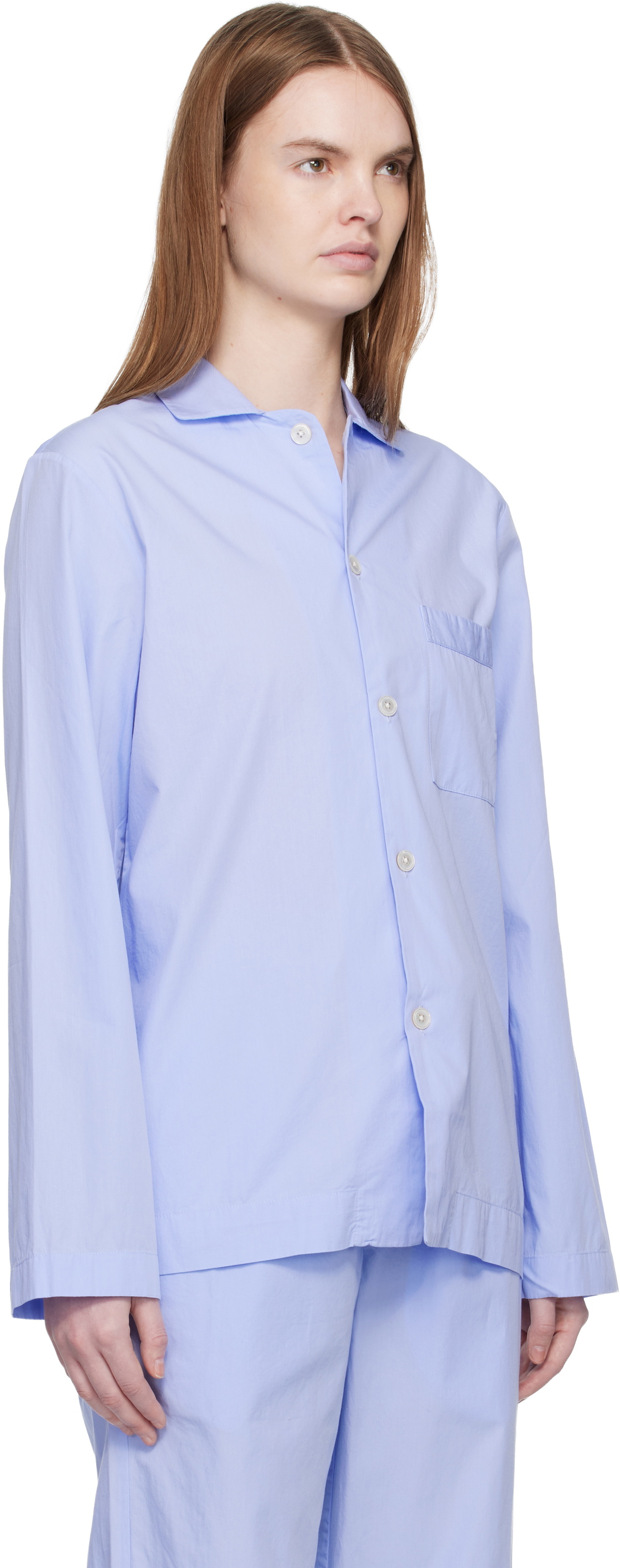 Tekla Blue Poplin Long-Sleeved Pyjama Shirt