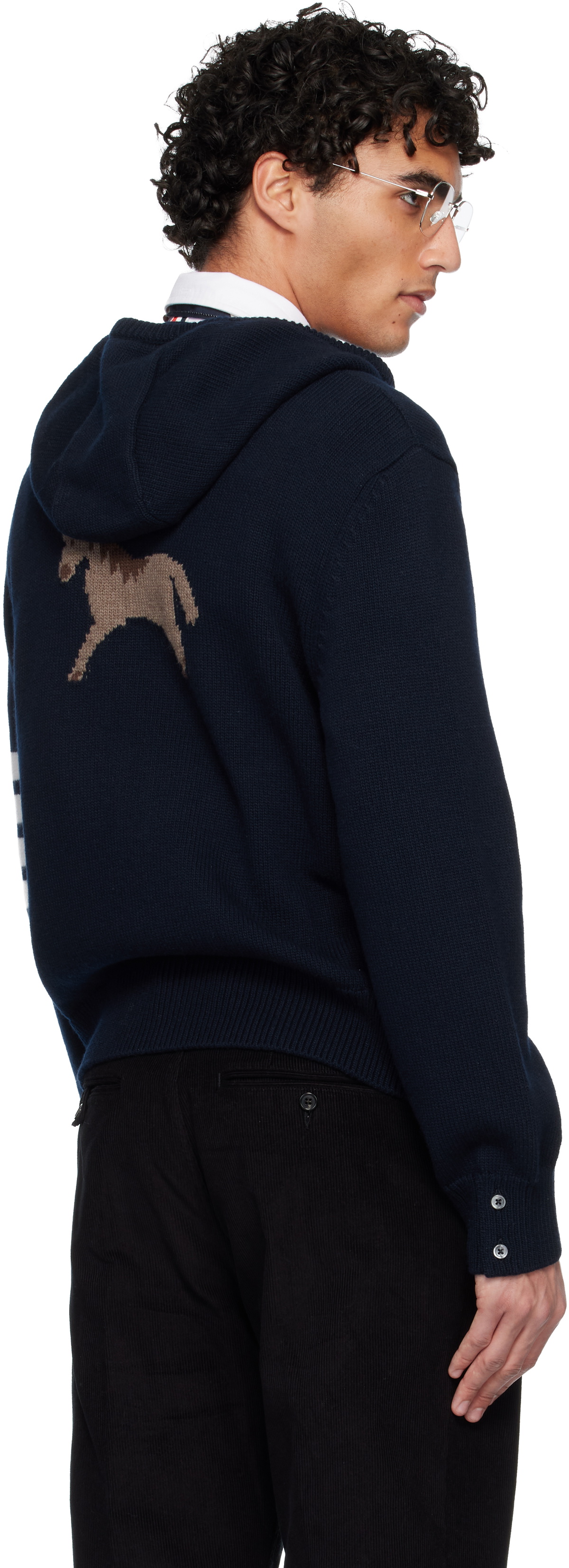 Thom Browne Navy Intarsia Zip Up 4-Bar Hoodie