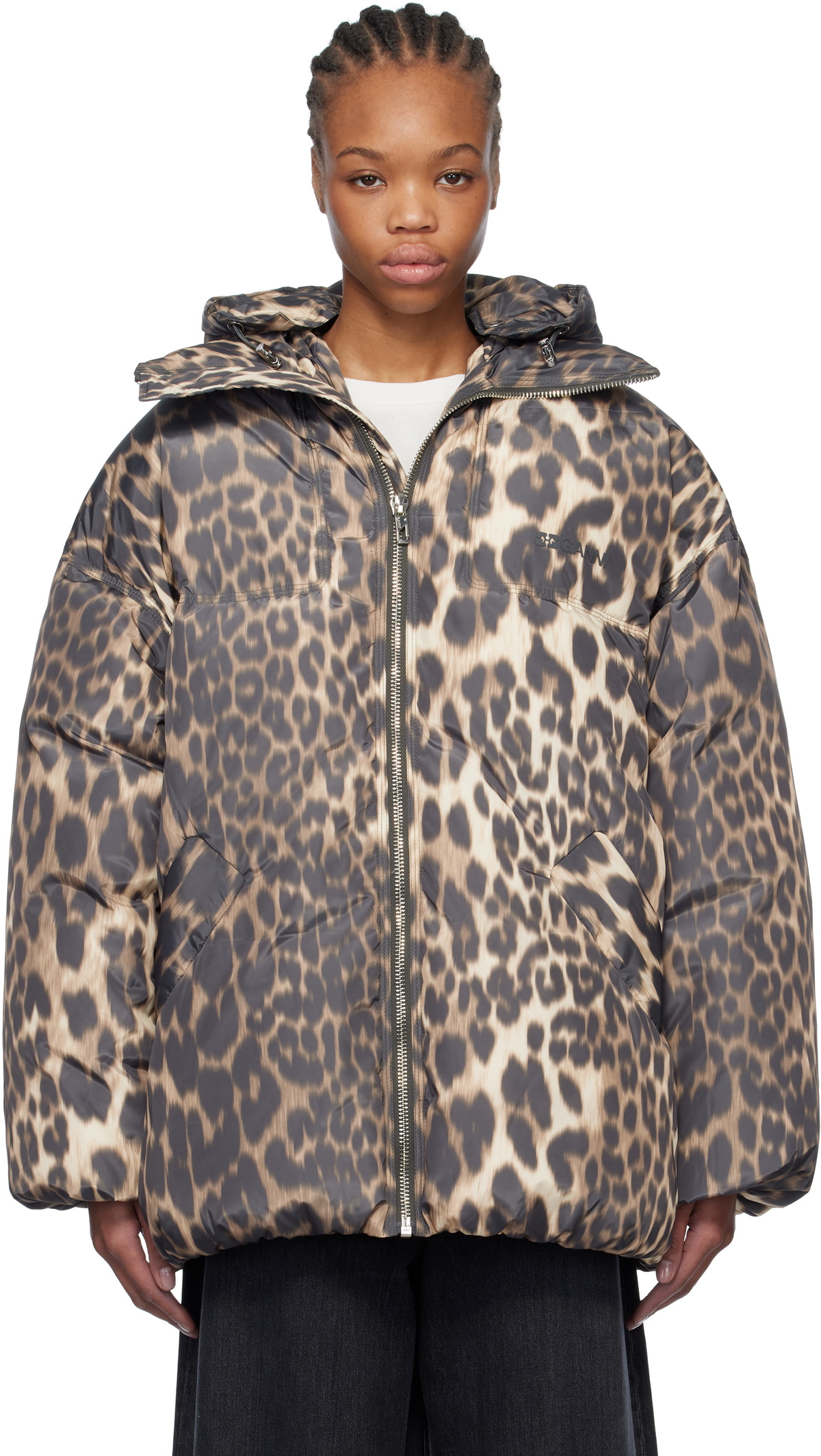 GANNI Beige & Brown Leopard Midi Down Jacket GANNI