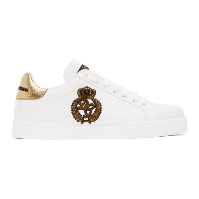 Photo: Dolce and Gabbana White and Gold Crest Portofino Sneakers