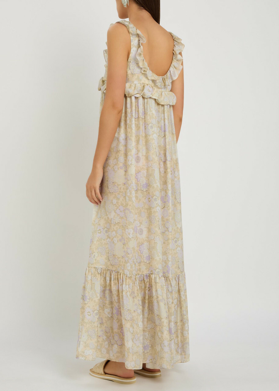 Chloe Floral-print Frill Silk Maxi Dress Purple
