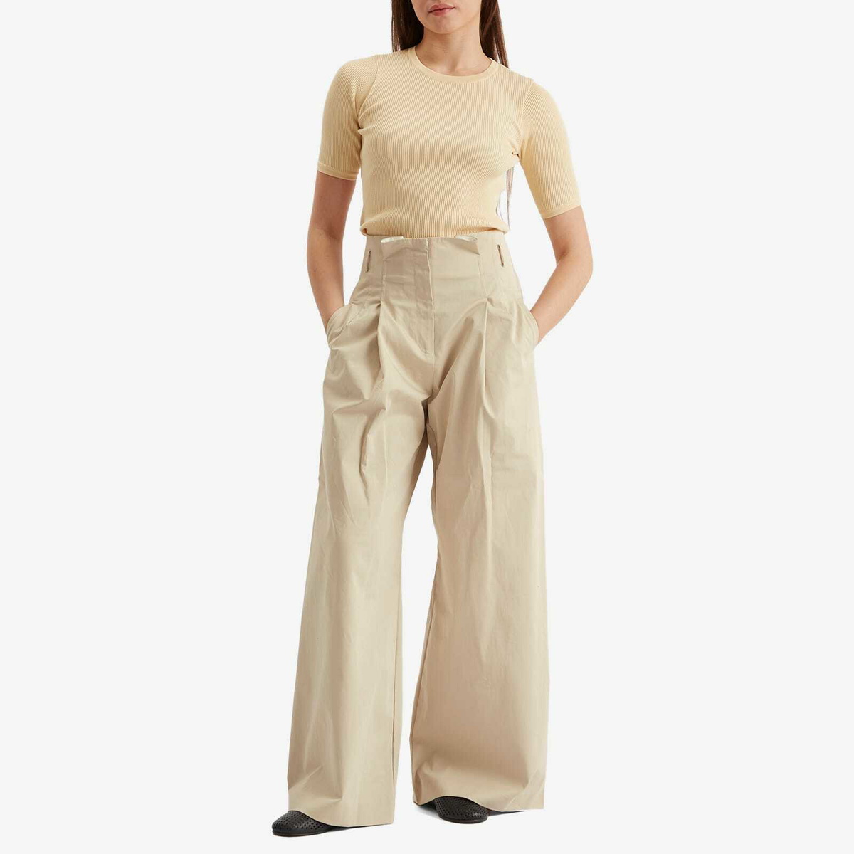 Auralee Women's Cotton Rib Knit T-Shirt in Yellow Beige