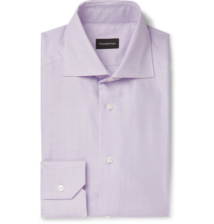 Photo: Ermenegildo Zegna - Lilac Cutaway-Collar Prince of Wales Checked Cotton Shirt - Lilac