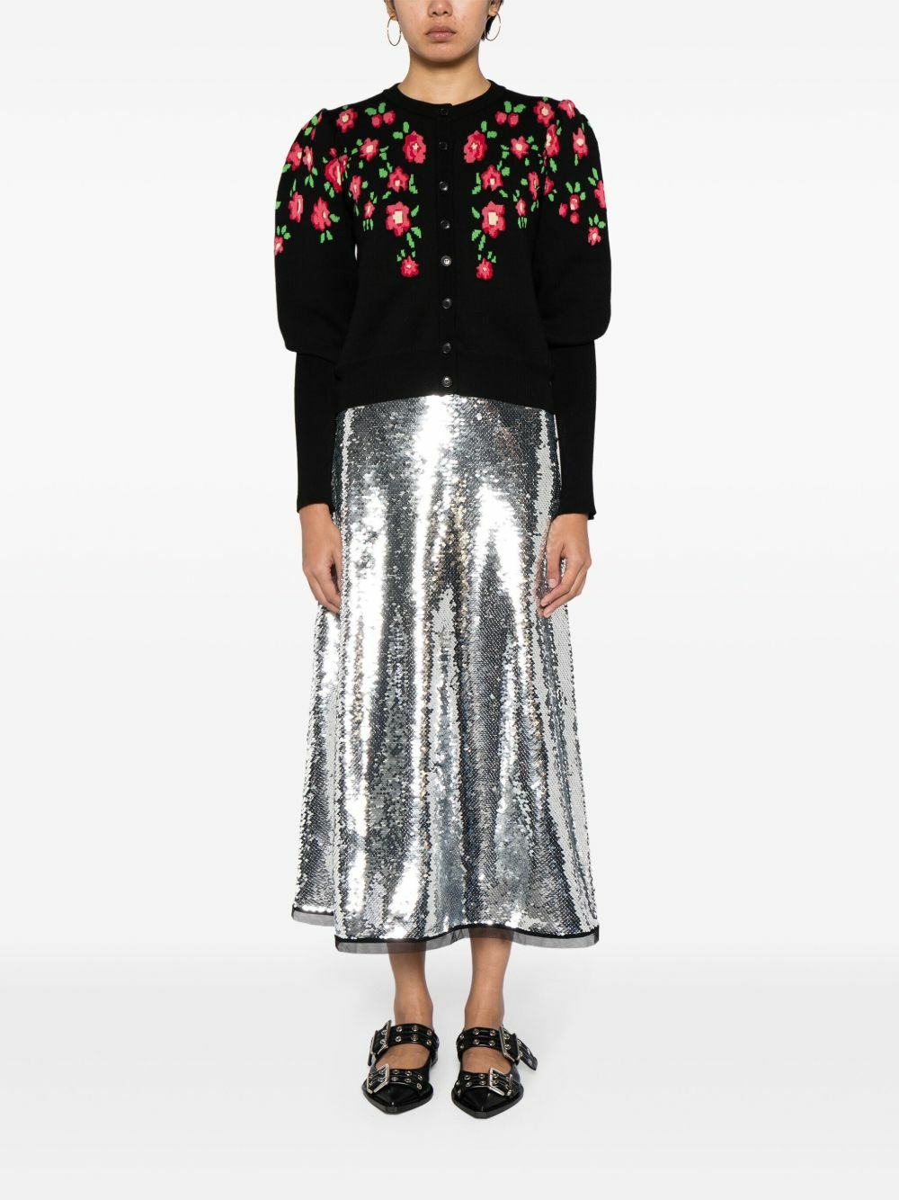 Molly Goddard Black Sonia Floral-Intarsia Cardigan