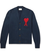 AMI PARIS - Slim-Fit Logo-Embroidered Cotton-Blend Cardigan - Blue