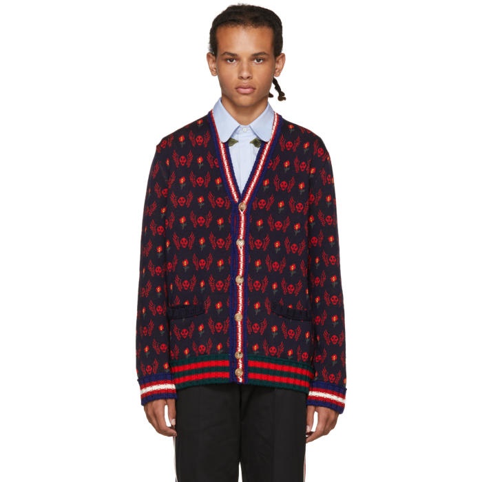 Photo: Gucci Navy and Red Skull Cardigan