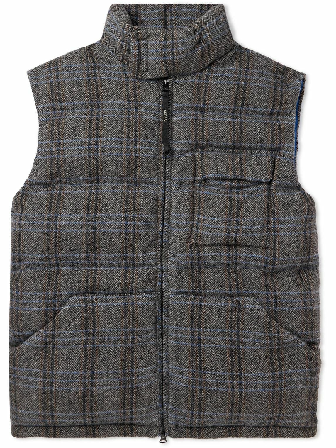 Photo: Aspesi - Padded Quilted Checked Wool Gilet - Gray