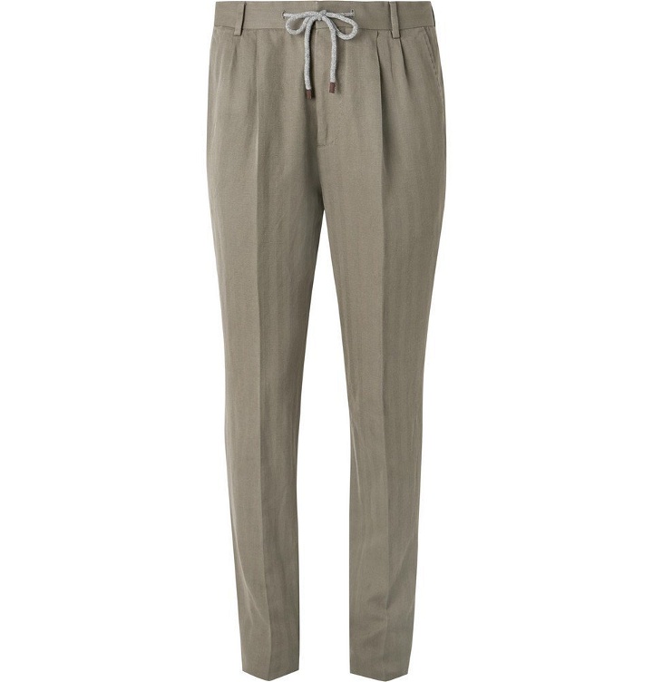 Photo: Brunello Cucinelli - Olive Herringbone Cotton and Linen-Blend Suit Trousers - Men - Neutral