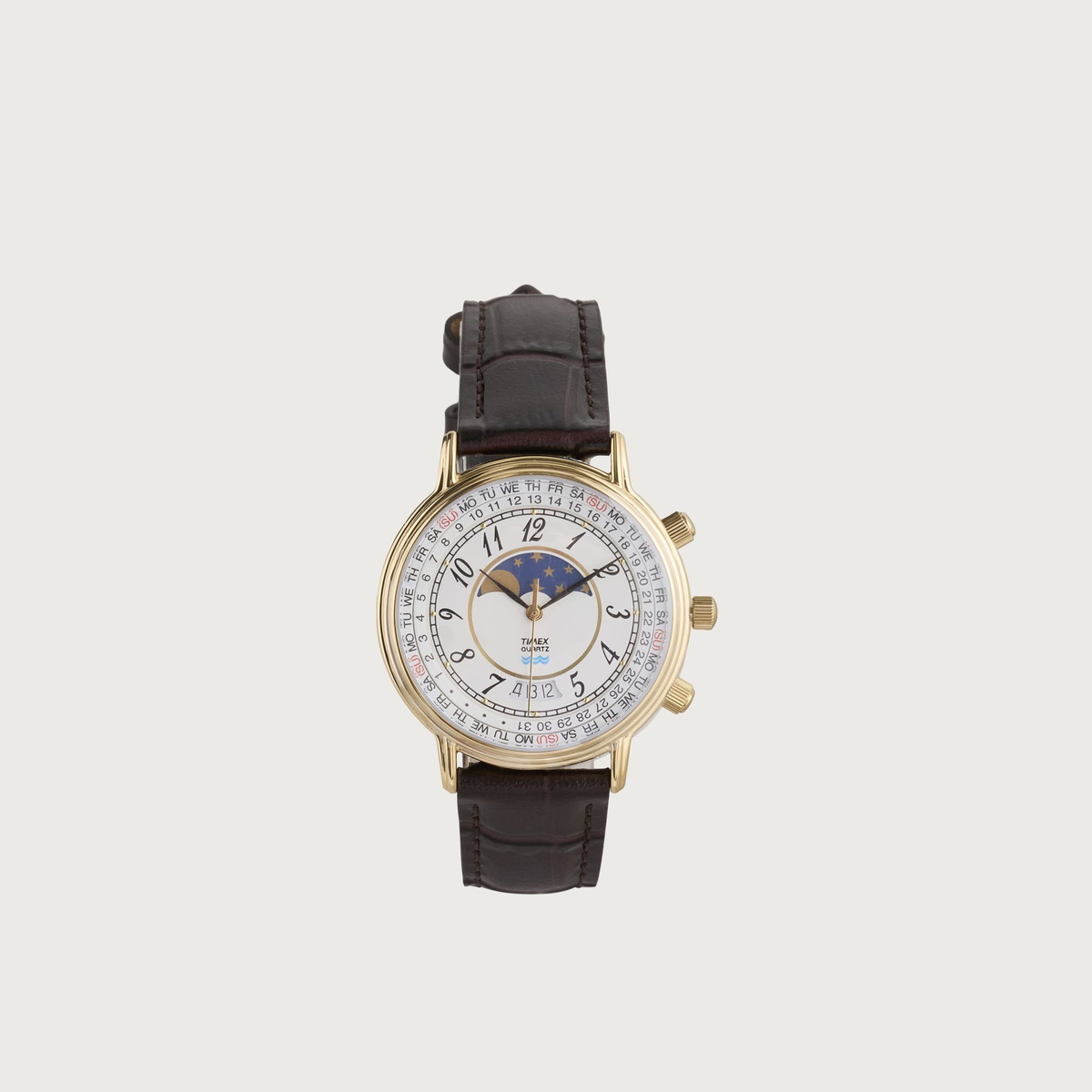 Timex 1990 Moon Phase & Calender Dial Watch in Gold/Brown