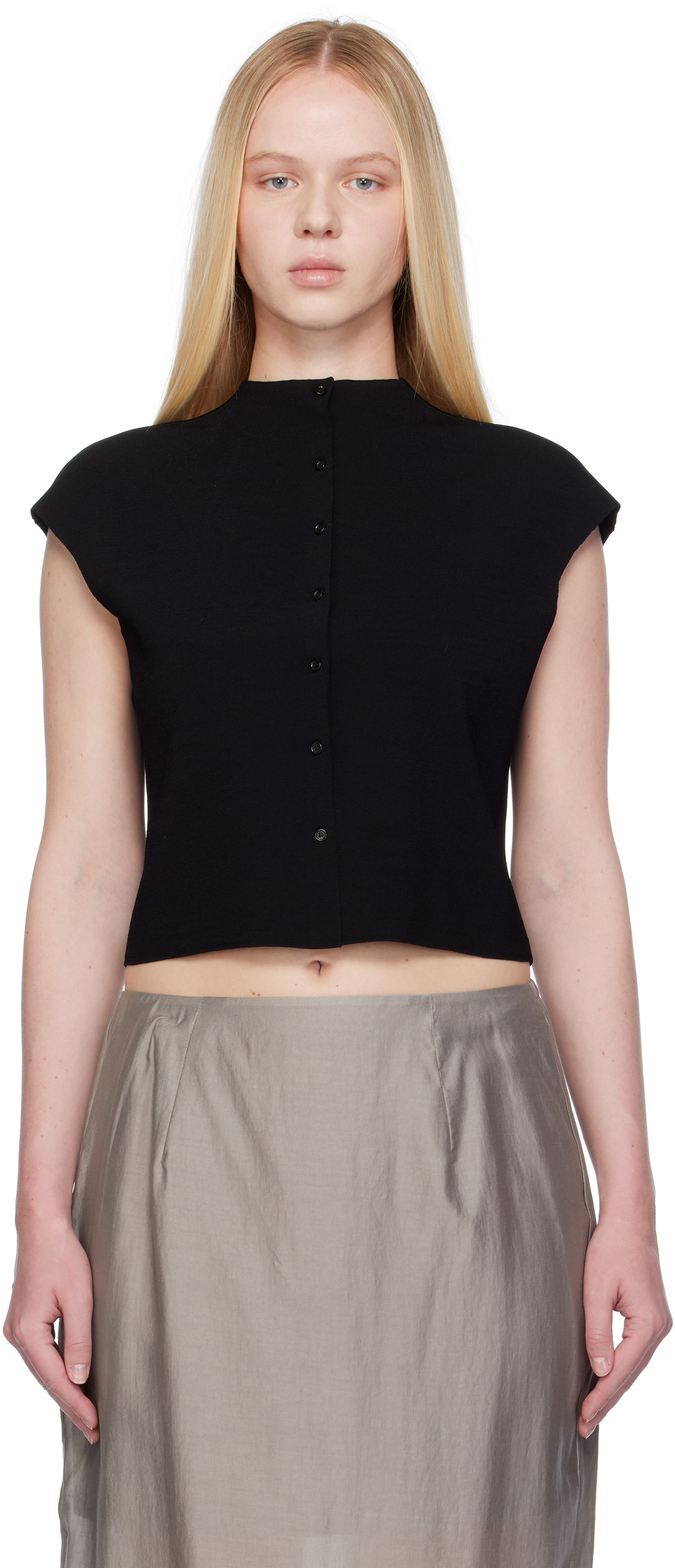 AMOMENTO Black Wholegarment Cap Sleeve Cardigan Vest